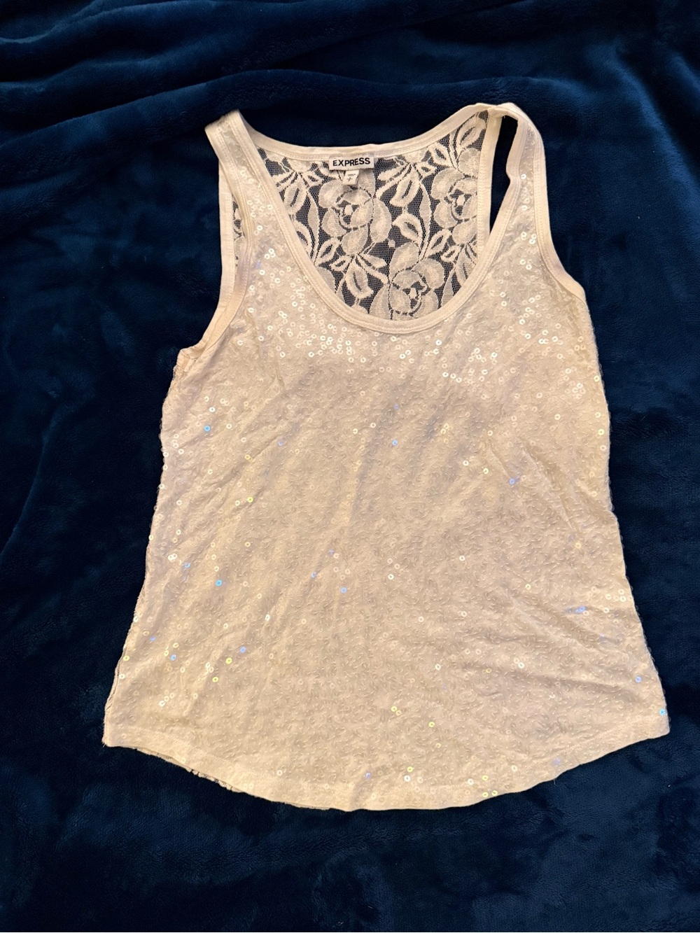 Express White Sequin Lace-Back Tank